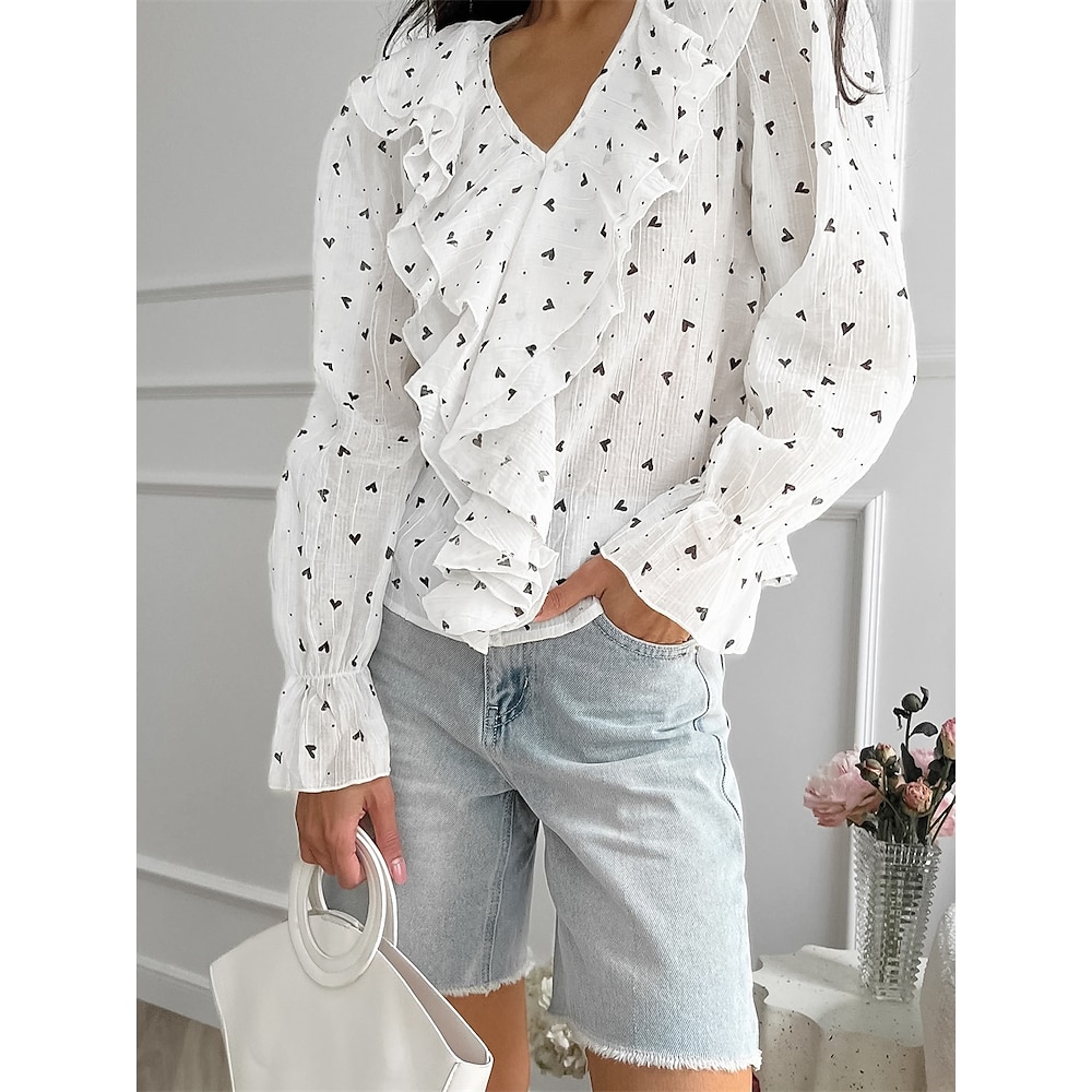 Damen Hemd Bluse Elegant Stilvoll Brautkleider schlicht Valentinstag Herz Normale Oberteile Langarm Puffärmel V Ausschnitt Patchwork Bedruckt Regular Fit Täglich Weiß Sommer Frühling Herbst Lightinthebox