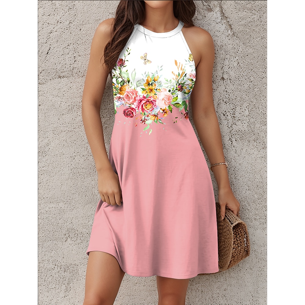 Damen Casual kleid Brautkleider schlicht Blumen Minikleid Ärmellos Rundhalsausschnitt Bedruckt Regular Fit Täglich Rosa Sommer Lightinthebox