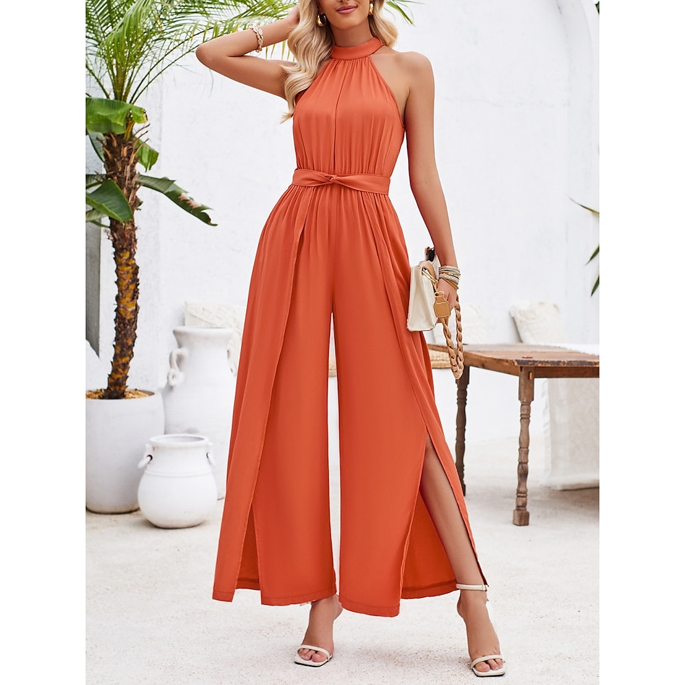 Damen Normal Jumpsuit Aktiv Feste Farbe Ärmellos Halfterhals Hohe Taillenlinie Bindegürtel Urlaub Täglich Regular Fit Rote Grün Sommer Lightinthebox