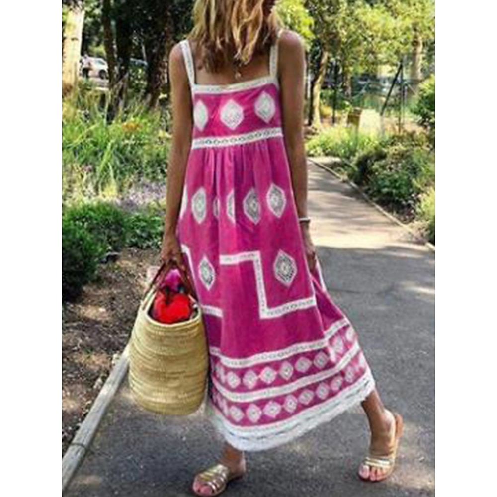 Damen Casual kleid Boho Chic Kleider Böhmen Kuschelig Stilvoll Graphic Maxidress Ärmellos Quadratischer Ausschnitt Bedruckt Gespaltener Oberschenkel Lockere Passform Urlaub Täglich Strand Gelb Rote Lightinthebox