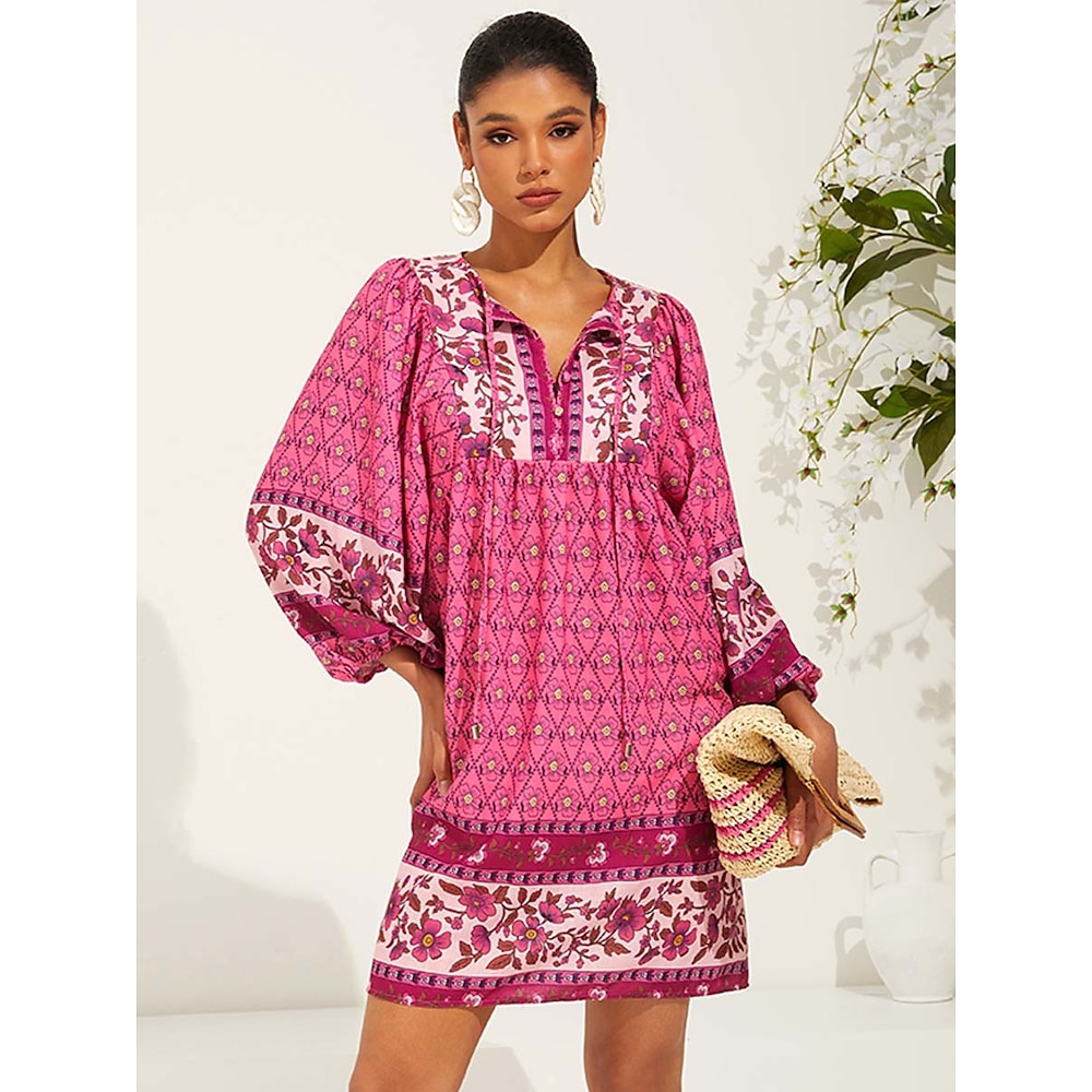 Damen Normal Boho-Kleid Böhmen Vintage Stilvoll Blumen Ditsy Blumig Minikleid Langarm Bischof V Ausschnitt Bedruckt Lose Lockere Passform Täglich Korallenrot Frühling Herbst Lightinthebox