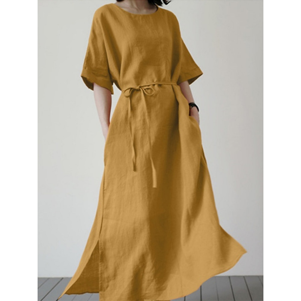 Damen Casual kleid Baumwoll-Leinenkleid A Linie Kleid Basic Brautkleider schlicht Glatt Minikleid Halbe Ärmel Rundhalsausschnitt Vorne binden Tasche Regular Fit Urlaub Täglich Schwarz Gelb Blau Sommer Lightinthebox