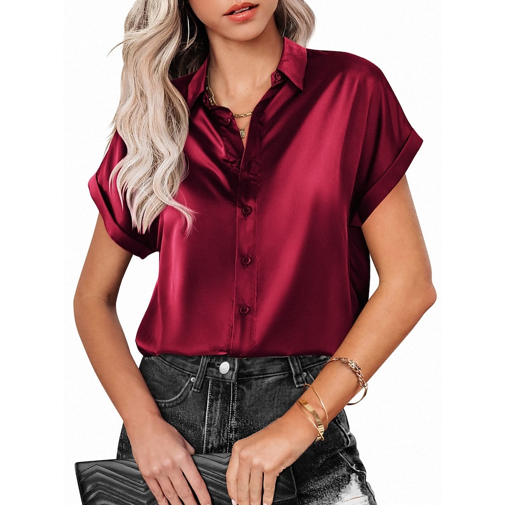 Damen Hemd Bluse Feste Farbe Geschäftlich Modern Brautkleider schlicht Kurzarm Hemdkragen Normale Oberteile Arbeit Abendgarderobe Knopf Wein Armeegrün Grün Sommer Frühling Lightinthebox