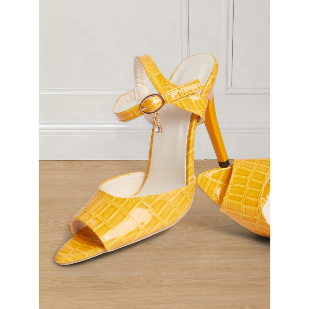 gelbe Damen-Stilettos mit Kroko-Prägung, Fesselriemchen und offener Spitze - elegante Partyschuhe für formelle Anlässe und Abendgarderobe Lightinthebox