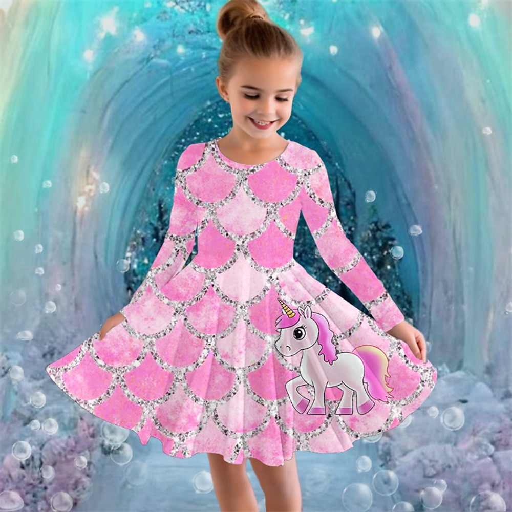 Mädchen' 3D Graphic Einhorn Kleid Langarm Sommer Frühling Urlaub Täglich Festtage Prinzessin Schön Süß kinderkleidung 4-12 Jahre Casual kleid A Linie Kleid Knielang Regular Fit Lightinthebox