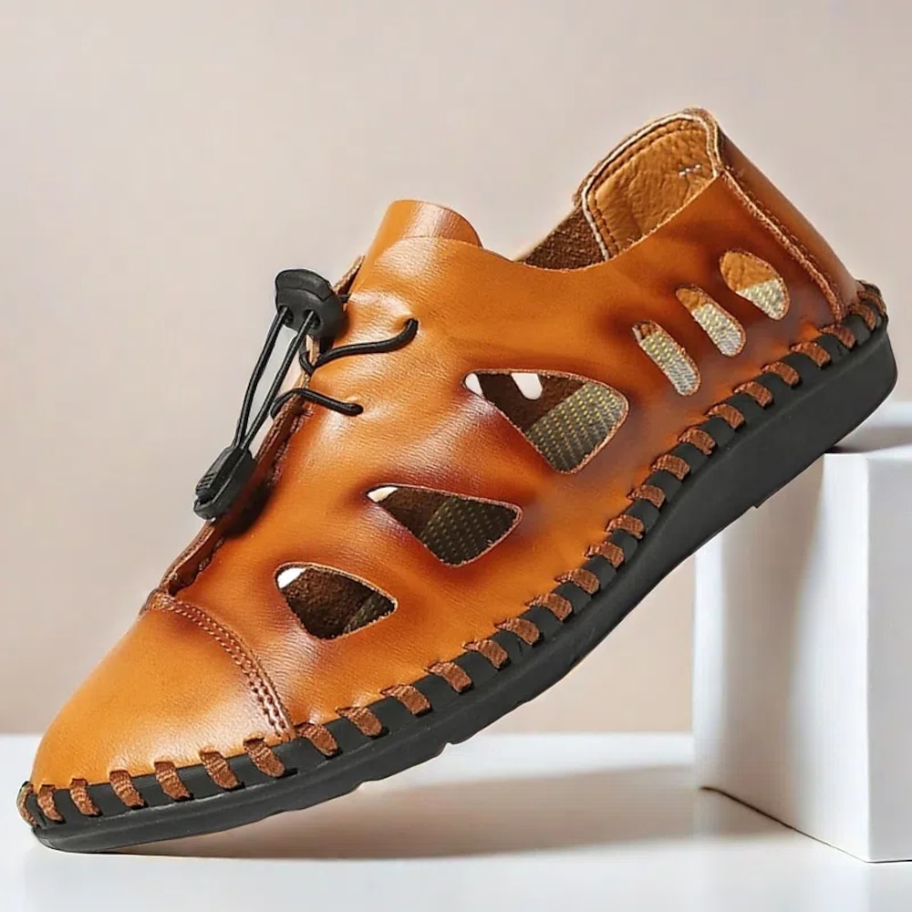 Freizeitsandalen aus Kunstleder für Herren mit ausgehöhlten Details - handgenähtes Design mit verstellbarem Kordelzug, leicht und atmungsaktiv für den Sommer im Freien Lightinthebox