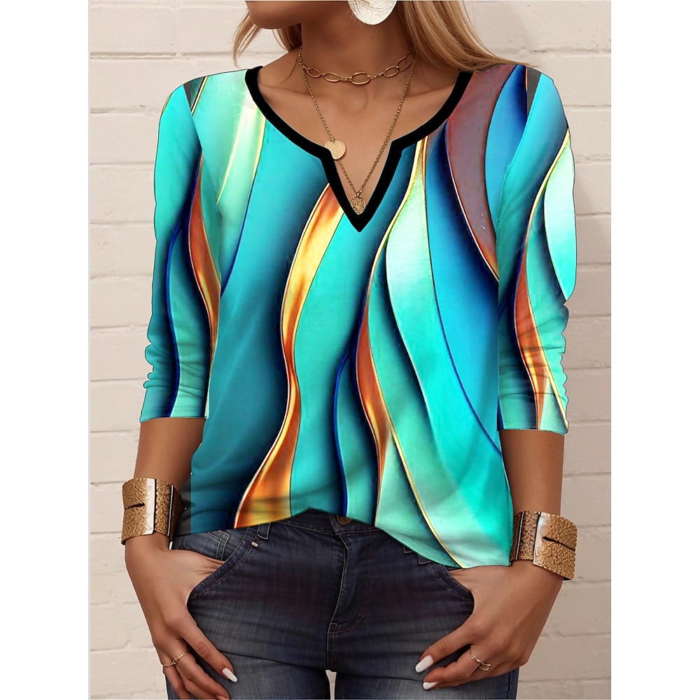 Damen T Shirt Brautkleider schlicht Geometrisch Normale Oberteile Langarm Gekerbter Hals Bedruckt Regular Fit Täglich Blau Frühling Herbst Lightinthebox