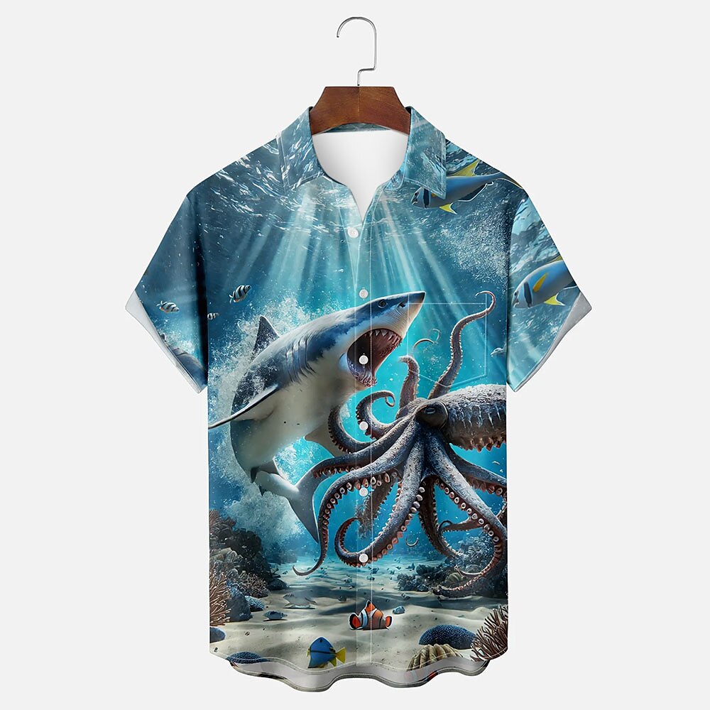 Herren Hai Oktopus Meeresbewohner Hawaiihemd Sommerhemd Knopfhemd Aloha-Shirt Kurzarm Hawaiianisch Resort Urlaub Festtage Strandbekleidung Sommer Frühling Umlegekragen Hemden mit Kragen Eine Tasche Lightinthebox