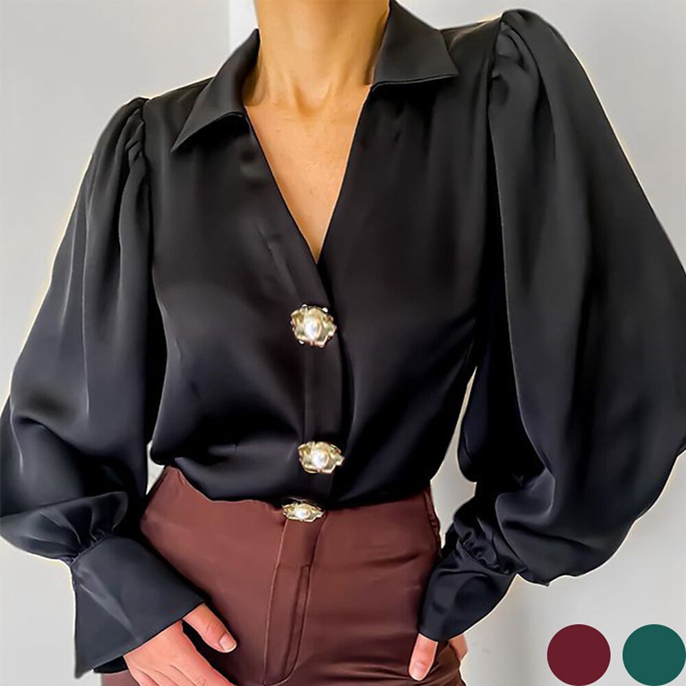 Damen Hemd Bluse Elegant Modern Brautkleider schlicht Feste Farbe Normale Oberteile Langarm V Ausschnitt Hemdkragen Knopf Regular Fit kleid hochzeitsgast Arbeit Täglich Schwarz Rote Grün Sommer Lightinthebox