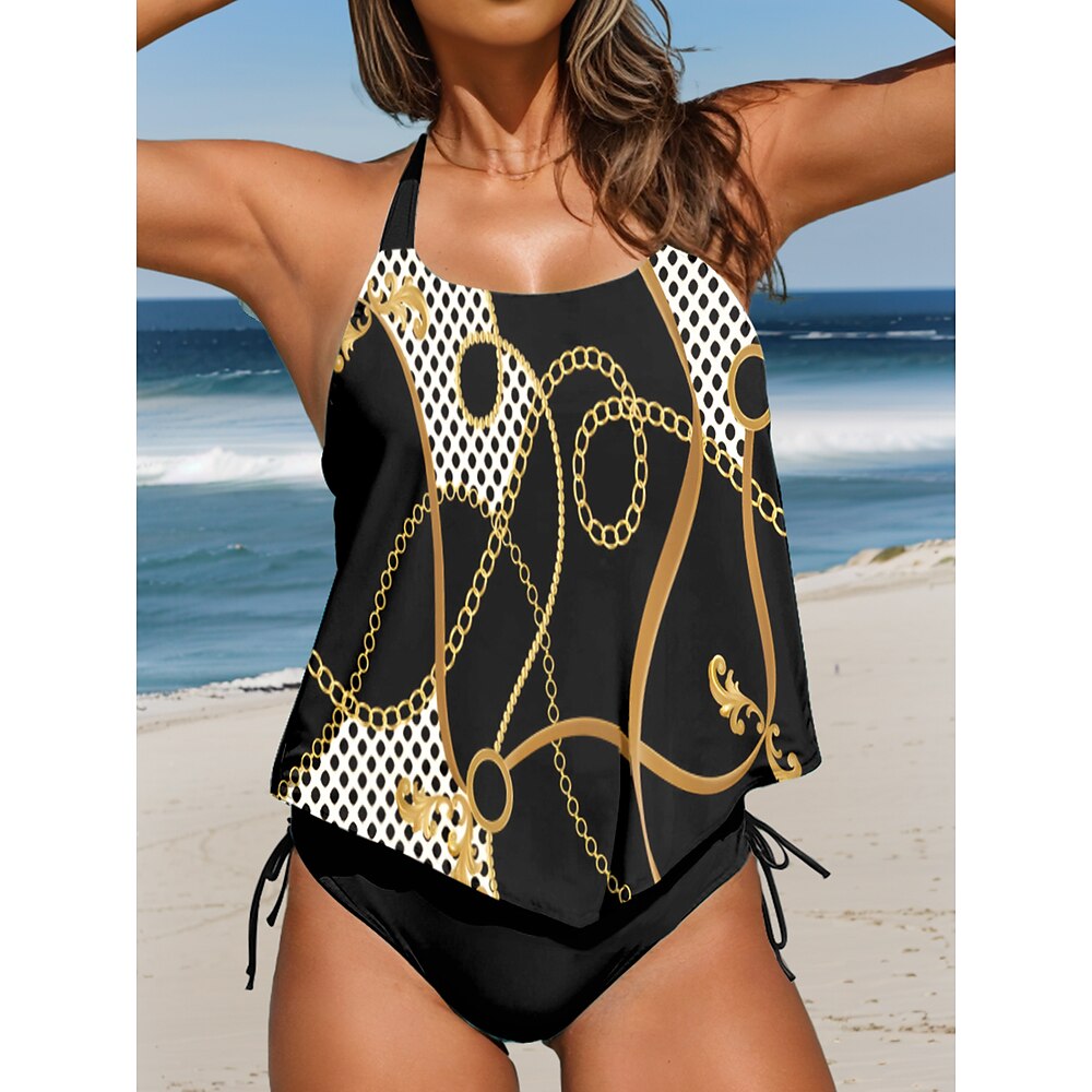 Damen Badeanzug Tankini 2 Stück Cheeky-Bikinihose Bademode Rückenfrei Urlaub Strandbekleidung Geometrisch Punkt Halfterhals Ärmellos Badeanzüge Lightinthebox