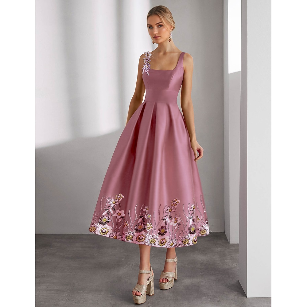 rosa formelles florales A-Linien-Cocktailkleid, elegantes Kleid für Hochzeitsgäste, knöchellang, ärmellos, U-Boot-Ausschnitt, Satin mit Blumendruck, Stickerei, Tasche 2025 Lightinthebox