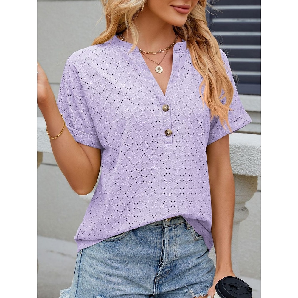 Damen T Shirt Brautkleider schlicht Glatt Normale Oberteile Kurzarm Gekerbter Hals Knopf Regular Fit Täglich Wochenende Weiß Rosa Purpur Grün Sommer Lightinthebox