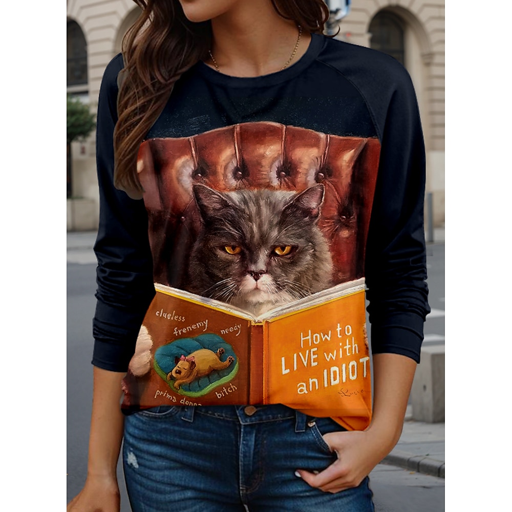 Damen T Shirt Brautkleider schlicht Tier Katze Buchstabe Lange Oberteile Langarm Rundhalsausschnitt Bedruckt Regular Fit Täglich Schwarz Frühling Winter Lightinthebox