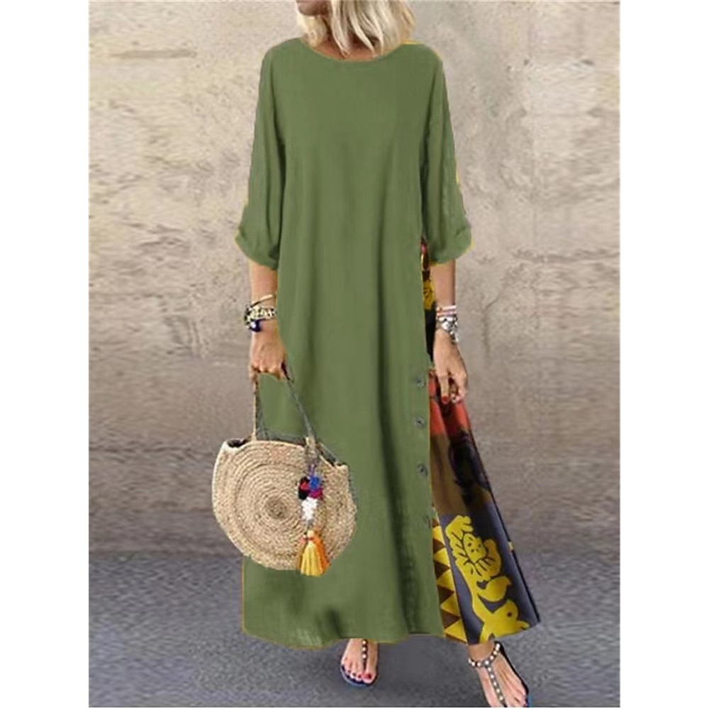 Damen Casual kleid Baumwoll-Leinenkleid Vintage Stilvoll Ethnisch Blumen Maxidress 3/4 Ärmel Rundhalsausschnitt Bedruckt Lockere Passform Urlaub Täglich Gelb Wein Khaki Armeegrün Frühling Herbst Lightinthebox