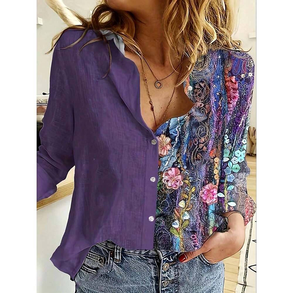 Damen Hemd Bluse Täglich Stilvoll Blumen Graphic Lange Oberteile Langarm Hemdkragen Knopf Bedruckt Lockere Passform Täglich Violett Sommer Frühling Lightinthebox