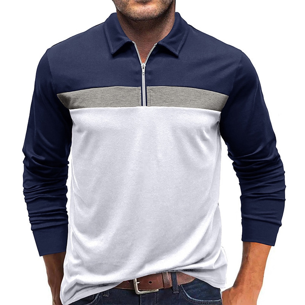 Herren Rugby-Polo Poloshirt mit Viertelreißverschluss Täglich Festtage Viertel Postleitzahl Langarm Modisch Modern Farbblock Patchwork Frühling Herbst Regular Fit Weiß Wein Marineblau Braun Lightinthebox