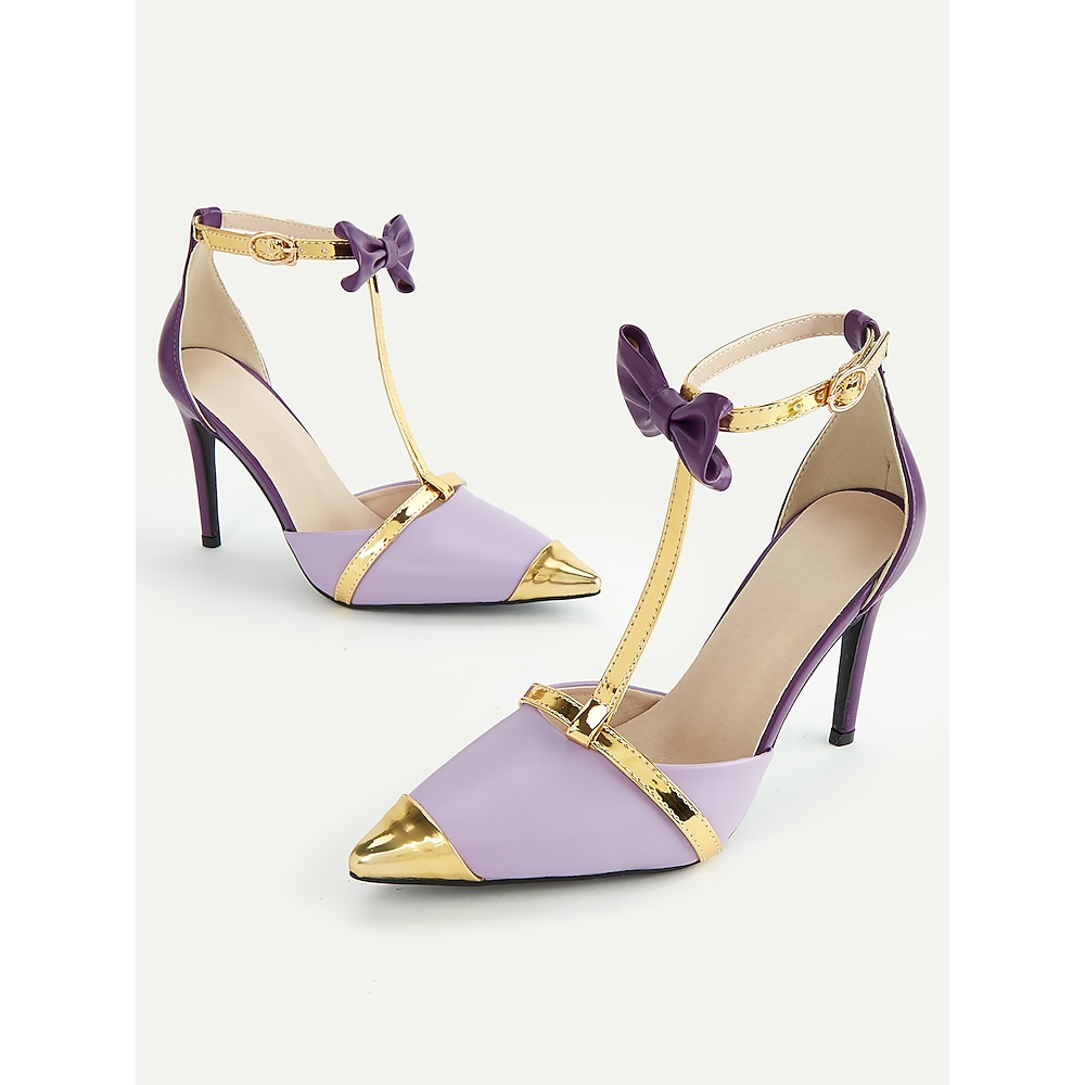 Lavendelfarbene T-Riemchen-Stilettos für Damen mit goldenen Akzenten und Schleifendetails, elegante Party- und Abendschuhe für besondere Anlässe Lightinthebox