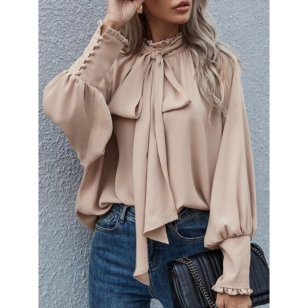 Damen Hemd Bluse Stilvoll Brautkleider schlicht Feste Farbe Normale Oberteile Langarm Rollkragen mit Schnürung Knopf Regular Fit Täglich Schwarz Beige Sommer Lightinthebox