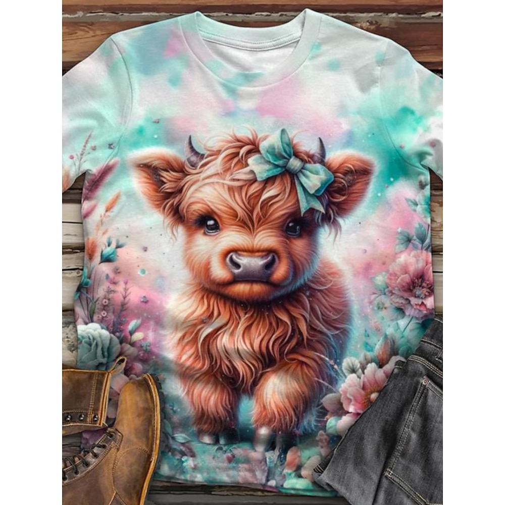 Damen T Shirt Tier Kuh Brautkleider schlicht Kurzarm Rundhalsausschnitt Normale Oberteile Täglich Bedruckt Grün Sommer Lightinthebox