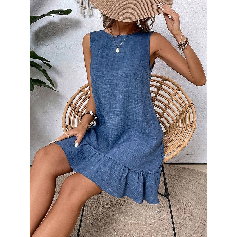 Damen Minikleid Schulterfreies Kleid Lässig Outdoor Normale Passform Grafik Ärmellos Rundhalsausschnitt Blau Fuchsie Grün Aprikose Sommer Lightinthebox