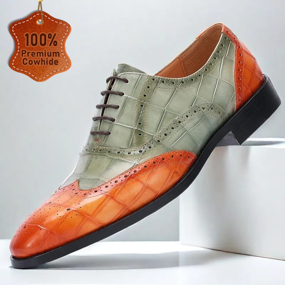 Grüne und orangefarbene Oxford-Schuhe mit Flügelkappe für Herren - hochwertiges Rindsleder, Krokodilprägung, Brogue-Details, elegantes, formelles Schuhwerk für Hochzeiten und geschäftliche Veranstaltungen Lightinthebox