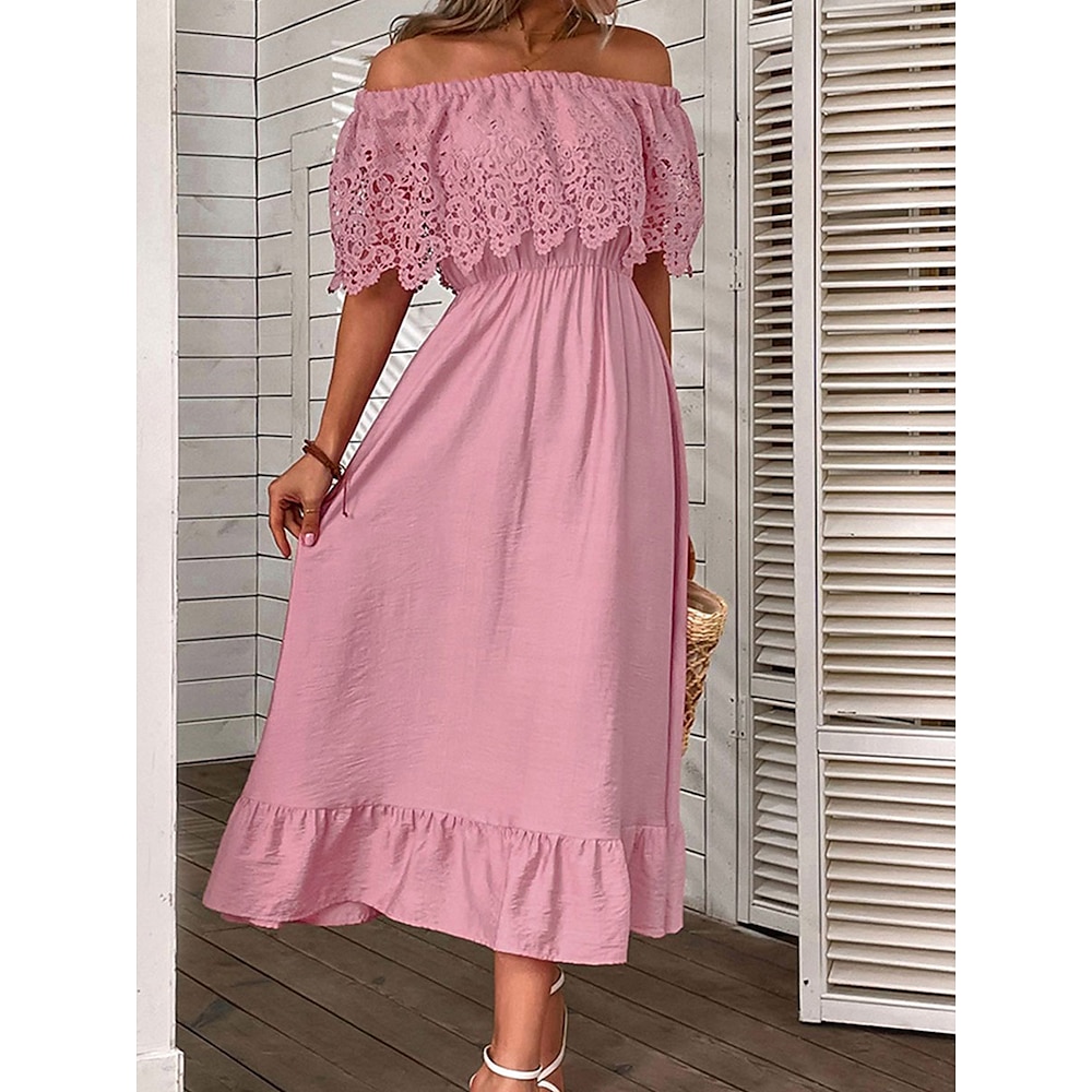 Damen Casual kleid Baumwoll-Leinenkleid Schaukelkleid Basic Brautkleider schlicht Glatt Midikleid Halbe Ärmel Schulterfrei Spitze Öse Regular Fit Urlaub Täglich Verabredung Schwarz Rosa Grün Sommer Lightinthebox