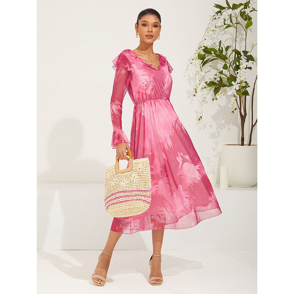 Damen Schaukelkleid Elegant Stilvoll Blumen Maxidress Langarm V Ausschnitt Rüsche Gitter Mit Rüschen besetzt Regular Fit Urlaub Täglich Rosa Sommer Frühling Herbst Lightinthebox