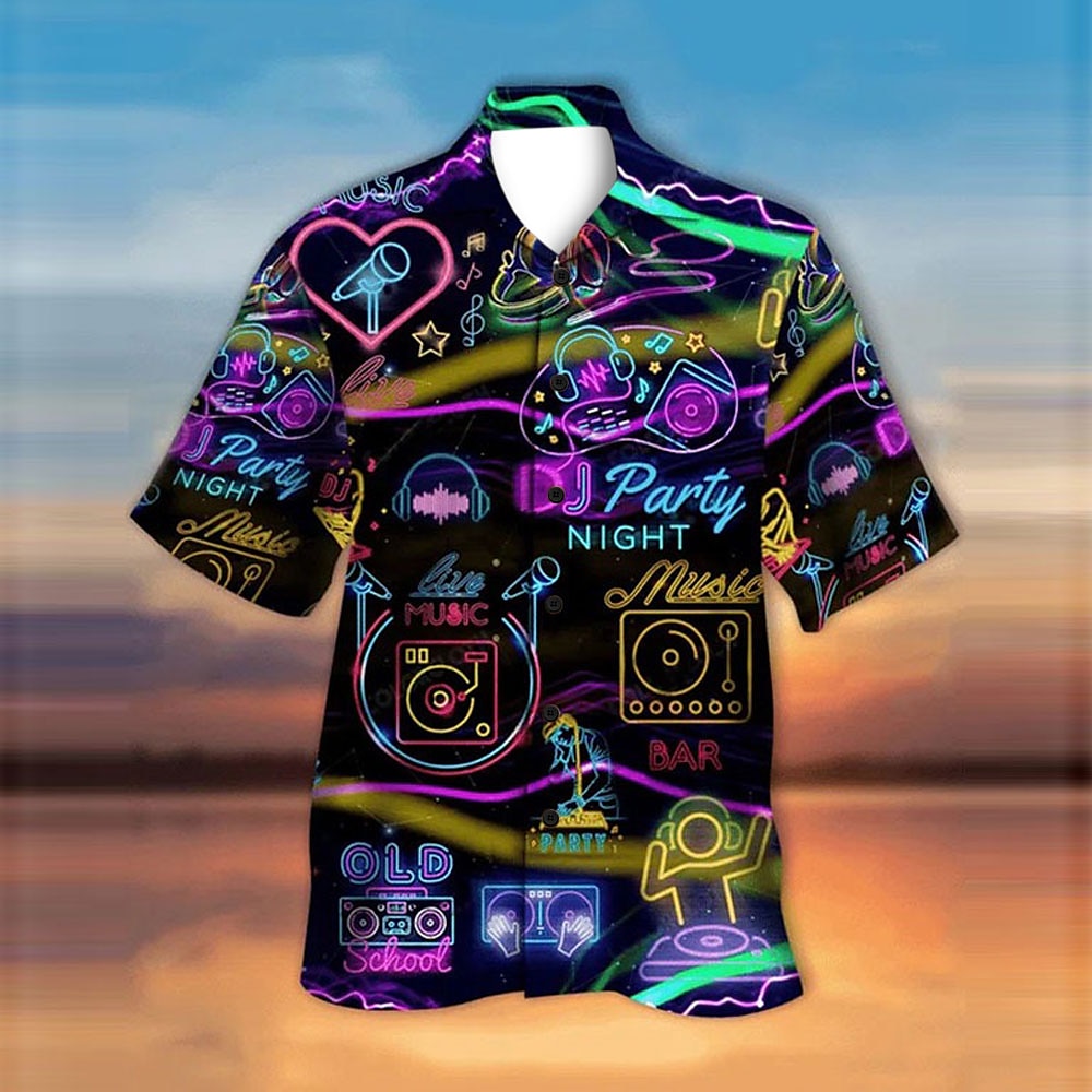 Herren Mehrfarbig Lampen Hemd Hawaiihemd Sommerhemd Aloha-Shirt Kurze Ärmel Hemd Umlegekragen Tropisch Strassenmode Hawaiianisch Party Täglich Hawaiianisch Schwarz Blau Purpur S M L Lightinthebox