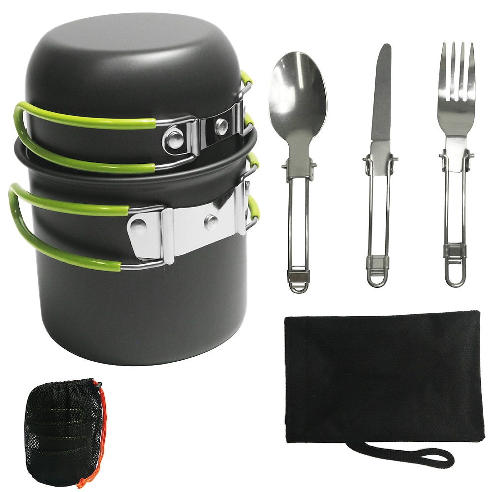 Camping-Kochgeschirr-Set, antihaftbeschichtetes, leichtes Camping-Mini-Topf-Pfannen-Herd-Set mit Edelstahl-Wasserkocher, Platten, Löffel für Rucksackreisen, Wandern, Kochen im Freien und Picknick Lightinthebox