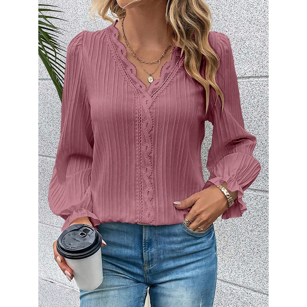 Damen Hemd Bluse Stilvoll Brautkleider schlicht Feste Farbe Normale Oberteile Langarm V Ausschnitt Spitze Patchwork Regular Fit Täglich Blau Fuchsie Sommer Frühling Lightinthebox