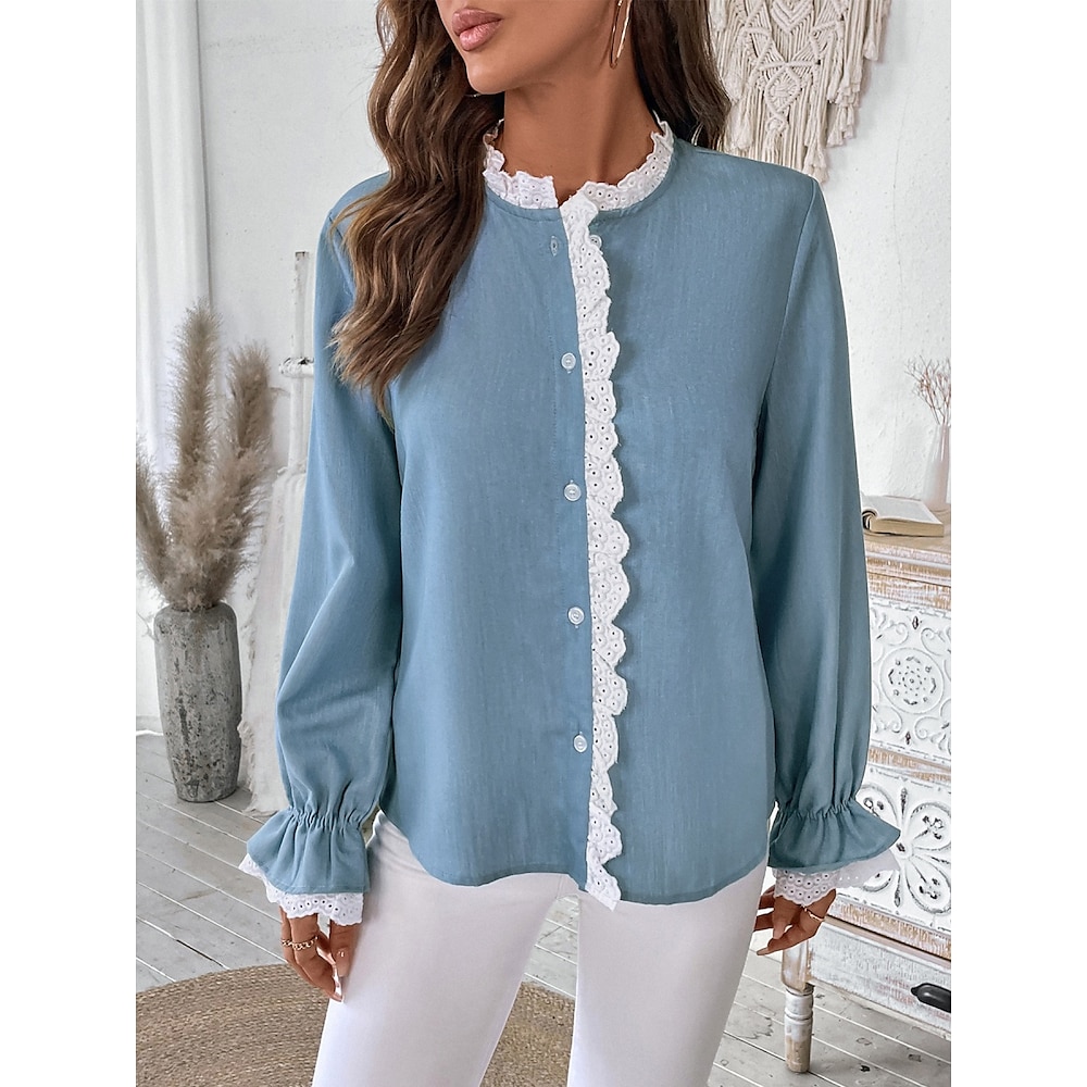 Damen Hemd Bluse Stilvoll Brautkleider schlicht Feste Farbe Normale Oberteile Langarm Rollkragen Spitze Patchwork Regular Fit Täglich Blau Sommer Frühling Lightinthebox