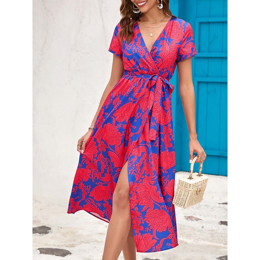 Damen Casual kleid Wickelkleid A Linie Kleid Stilvoll Brautkleider schlicht Blumen Maxidress Kurzarm V Ausschnitt Vorne binden Bedruckt Regular Fit Urlaub Täglich Rosa Rote Sommer Lightinthebox