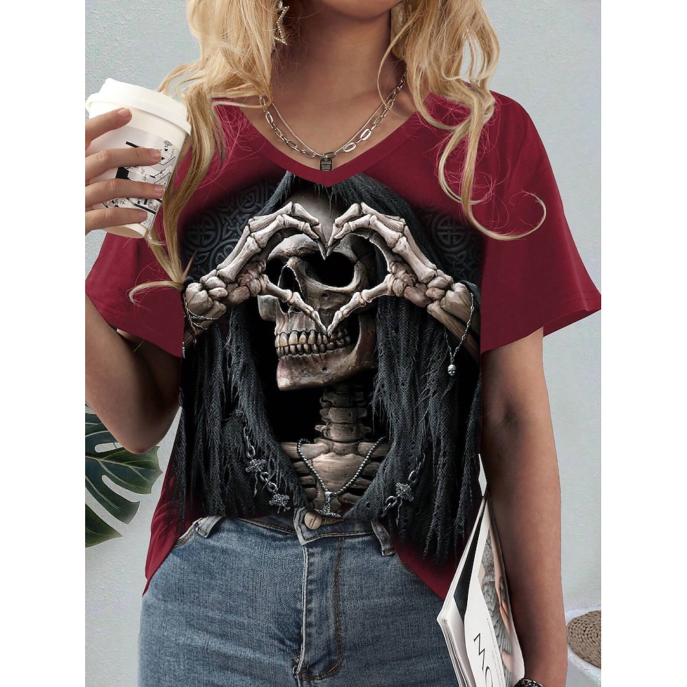 Damen T Shirt Stilvoll Brautkleider schlicht Herz Totenkopf Motiv Normale Oberteile Kurzarm V Ausschnitt Bedruckt Regular Fit Täglich Wein Sommer Lightinthebox