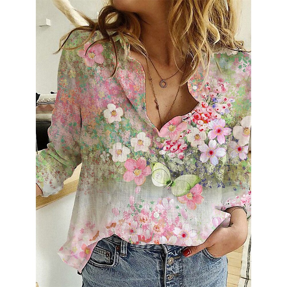 Damen Hemd Bluse Blumen Stilvoll Brautkleider schlicht Langarm Hemdkragen Normale Oberteile Täglich Knopf Bedruckt Purpur Grün Sommer Frühling Lightinthebox