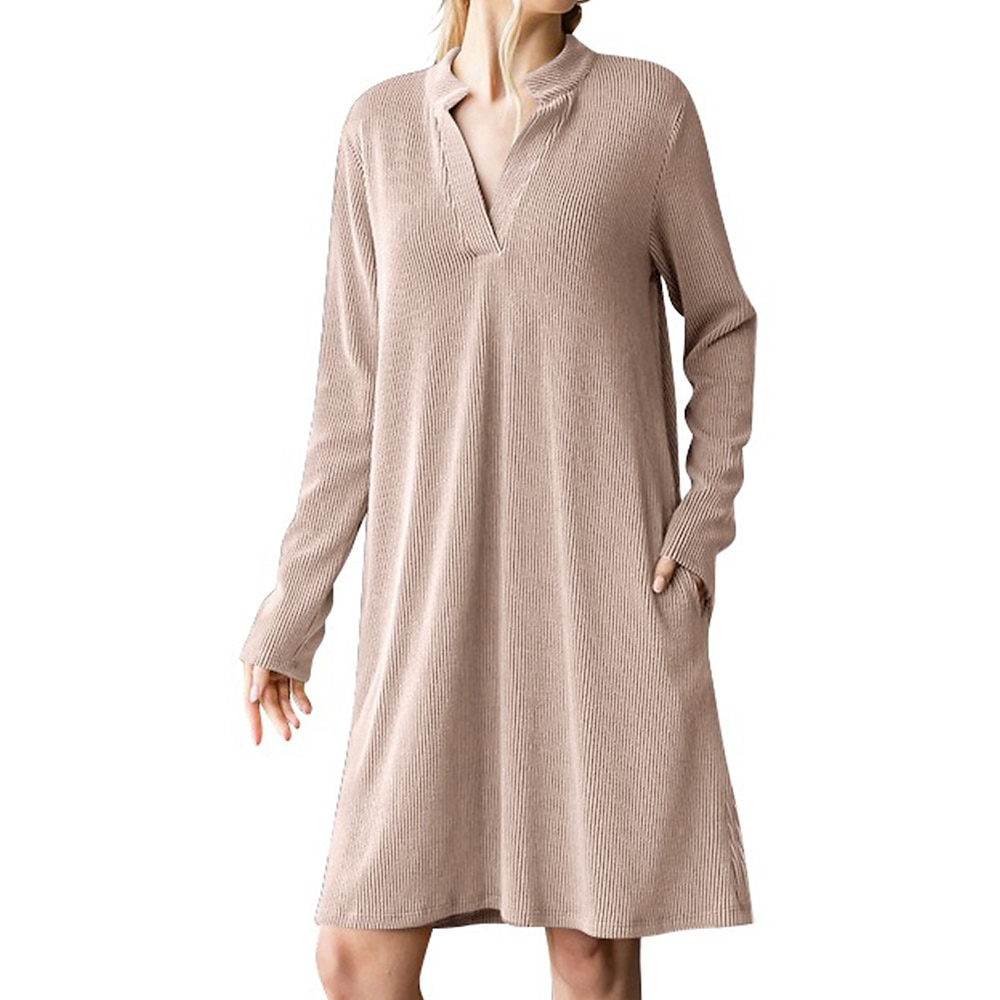 Damen Casual kleid Basic Brautkleider schlicht Glatt Minikleid Langarm V Ausschnitt Rüsche Regular Fit Urlaub Täglich Schwarz Rosa Purpur Khaki Frühling Herbst Lightinthebox