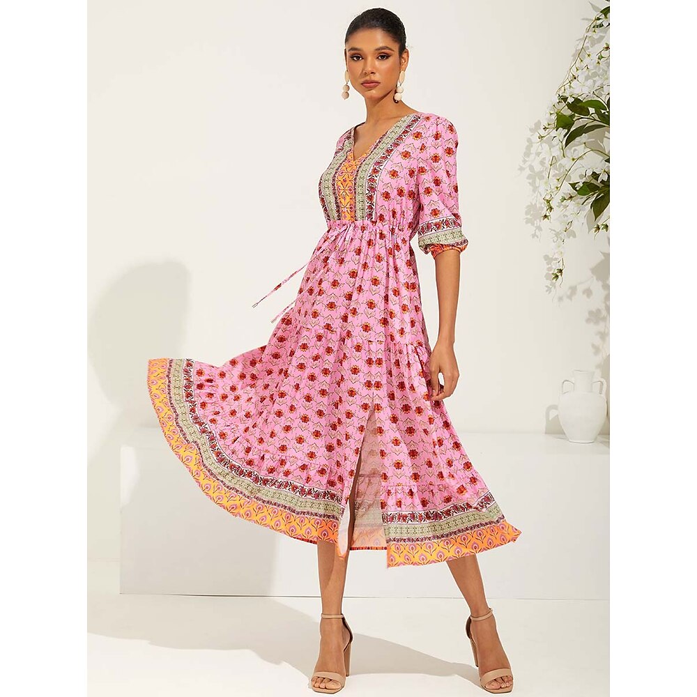 Damen Normal Boho Chic Kleider Teekleid Böhmen Kuschelig Brautkleider schlicht Blumen Graphic Ditsy Blumig Maxidress 3/4 Ärmel Laternenärmel V Ausschnitt Rüsche Schößchen Gespleisst Regular Fit seidig Lightinthebox