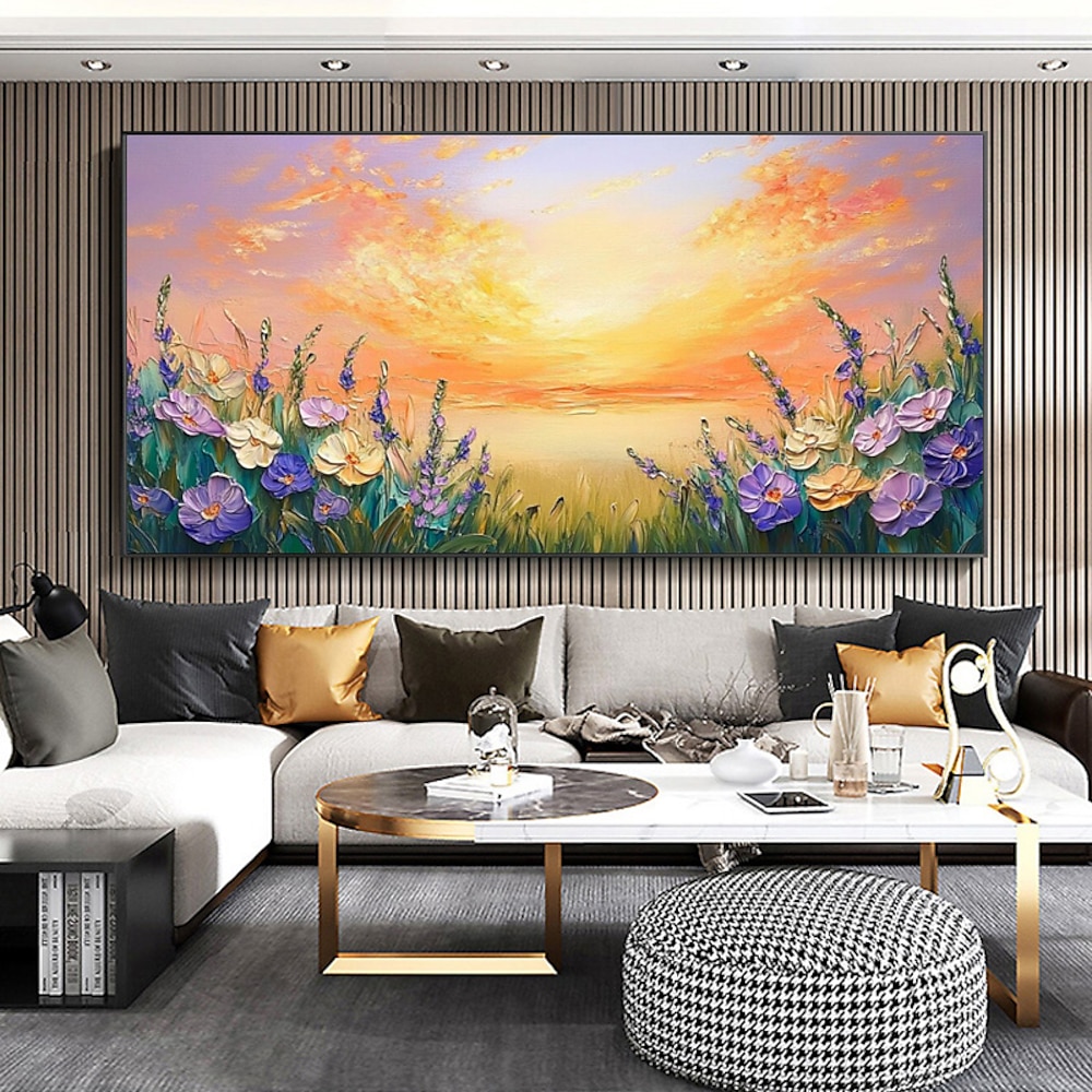 handgemachtes Sonnenuntergang Iris Blumenfeld Gemälde auf Leinwand impressionistische Wildblumen Landschaft Kunst Vintage ruhige Wiese Kunst lebendige florale Wohnzimmer Kunst kein Rahmen Lightinthebox