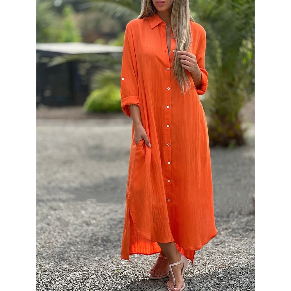 Damen Maxidress Baumwoll-Leinenkleid A Linie Kleid Elegant Vintage Stilvoll Urlaub Täglich Verabredung Lockere Passform Glatt Langarm Hemdkragen Weiß Orange Frühling Herbst Lightinthebox