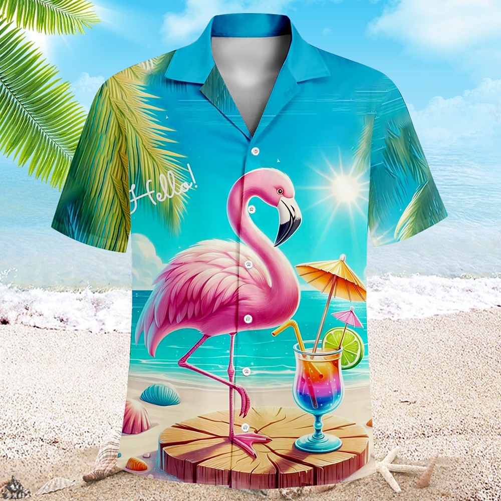 Herren Flamingo Hawaiihemd Sommerhemd Aloha-Shirt Kurzarm Hawaiianisch Urlaub Sommer Kubanisches Halsband Knopf hoch Blau Lightinthebox