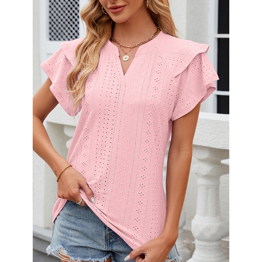 Damen T Shirt Basic Brautkleider schlicht Glatt Normale Oberteile Kurzarm Gekerbter Hals Rüsche Öse Regular Fit Täglich Wochenende Rosa Grün Sommer Frühling Lightinthebox