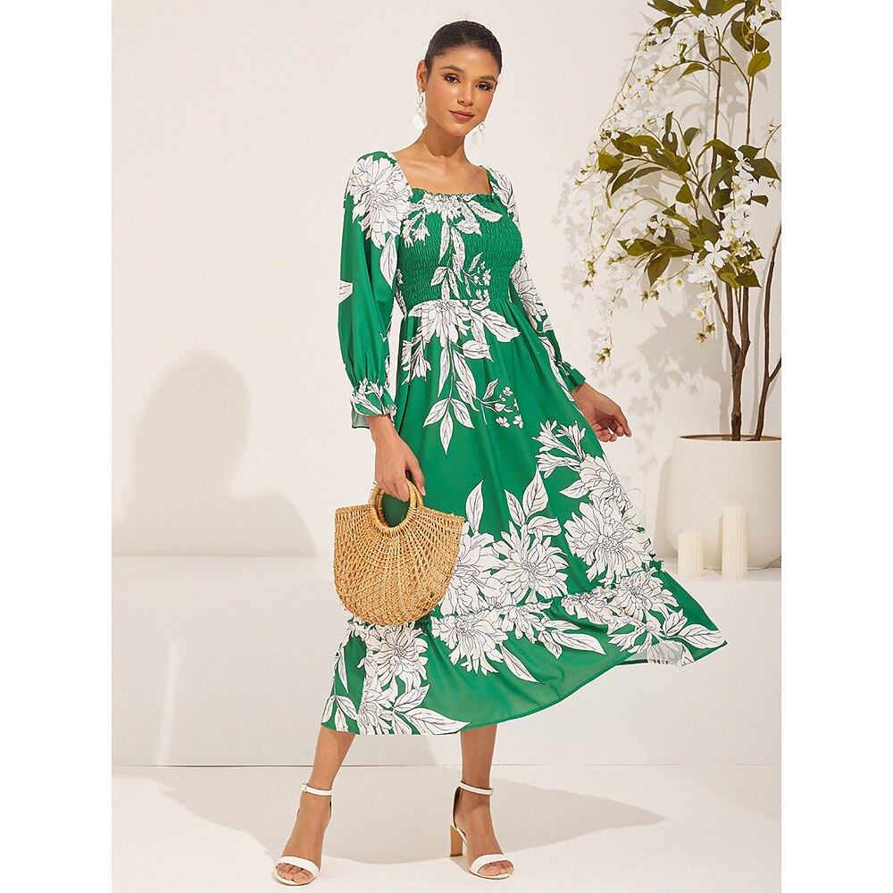 Damen Schaukelkleid Elegant Stilvoll Blumen Midikleid 3/4 Ärmel Puffärmel Quadratischer Ausschnitt Mit Rüschen besetzt Kittel Regular Fit Urlaub Täglich Grün Sommer Frühling Herbst Lightinthebox