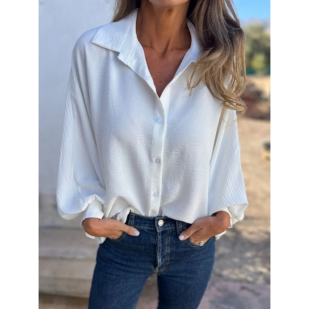 Damen Hemd Bluse Stilvoll Brautkleider schlicht Feste Farbe Normale Oberteile Langarm Hemdkragen Knopf Regular Fit Täglich Weiß Rote Sommer Frühling Herbst Lightinthebox