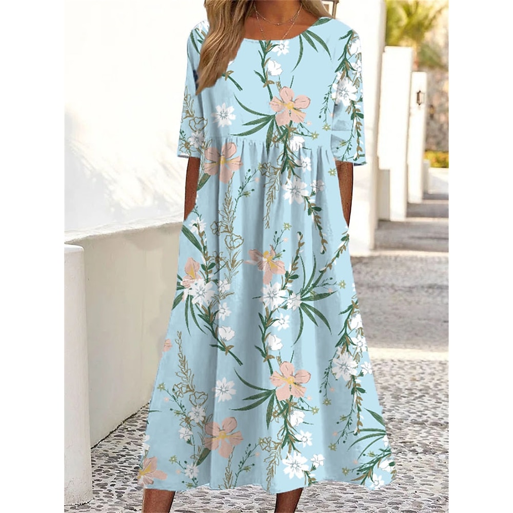 Damen Casual kleid Elegant Stilvoll Brautkleider schlicht Blumen Midikleid Kurzarm Rundhalsausschnitt Bedruckt Regular Fit Urlaub Täglich Hellgrün Rote Himmelblau Leicht Blau Sommer Frühling Lightinthebox