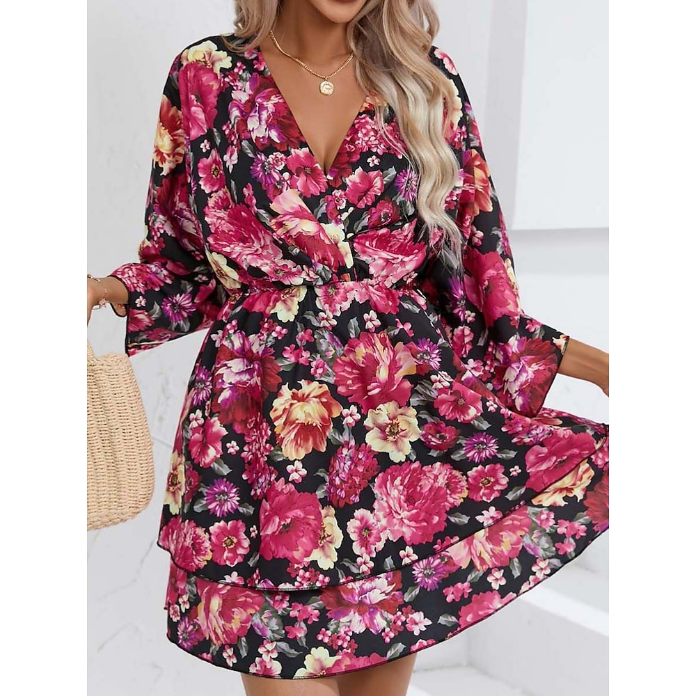 Damen Casual kleid A Linie Kleid Stilvoll Brautkleider schlicht Blumen Minikleid 3/4 Ärmel V Ausschnitt Bedruckt Regular Fit Urlaub Täglich Schwarz Rote Sommer Frühling Lightinthebox