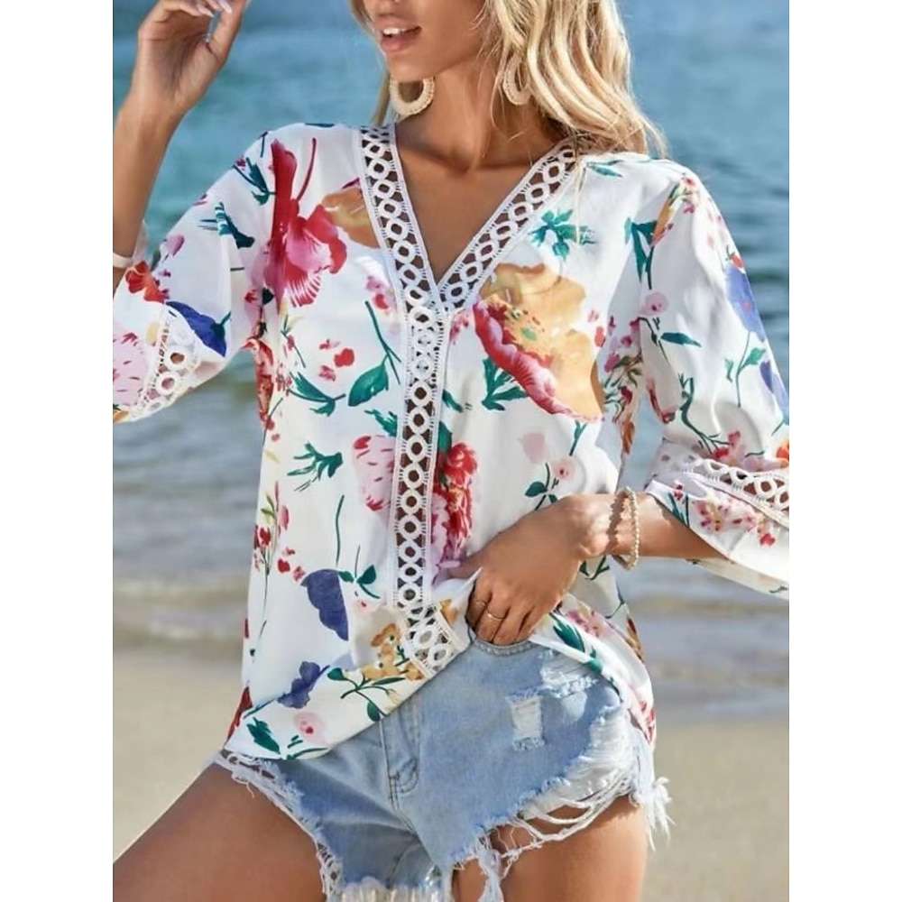 Damen Hemd Bluse Stilvoll Brautkleider schlicht Blumen Normale Oberteile 3/4 Ärmel V Ausschnitt Ausgeschnitten Bedruckt Regular Fit Täglich Rosa Braun Sommer Frühling Lightinthebox