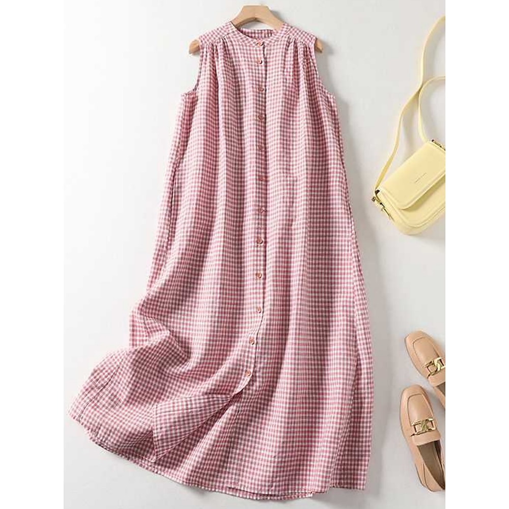 Damen Casual kleid Tank-Top Kleid Maxikleid aus Baumwolle Basic Brautkleider schlicht Plaid Maxidress Ärmellos V Ausschnitt Knopf Bedruckt Regular Fit Urlaub Täglich Rote Sommer Lightinthebox