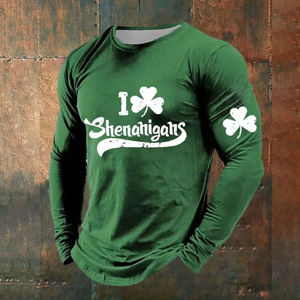 St. Patrick Herren Kleeblatt T Shirt Langarm T-Shirt 3D-Druck Rundhalsausschnitt Hemd Modisch Übertrieben Strasse Täglich Schwarz Grün Sommer Frühling Herbst Bekleidung S M L XL XXL XXXL Lightinthebox