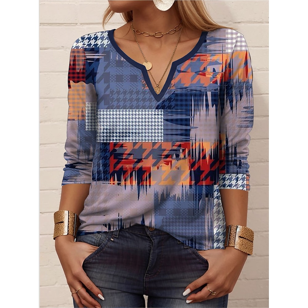 Damen T Shirt Brautkleider schlicht Geometrisch Normale Oberteile Langarm Gekerbter Hals Bedruckt Regular Fit Täglich Blau Sommer Frühling Herbst Lightinthebox