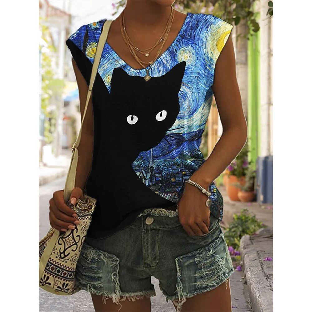 Damen Bluse Stilvoll Brautkleider schlicht Graphic Katze Normale Oberteile Kurzarm V Ausschnitt Bedruckt Regular Fit Täglich Schwarz Sommer Lightinthebox