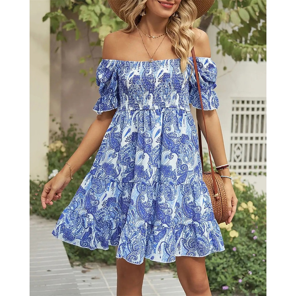 Damen Casual kleid Sommerkleid Boho-Kleid Elegant Stilvoll Graphic Minikleid Kurzarm Laternenärmel Schulterfrei Regular Fit Urlaub Täglich Verabredung Königliches Blau Sommer Lightinthebox